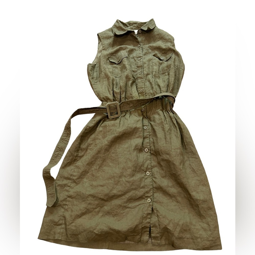 Brooks Brothers Olive linen sleeveless belted shirt dress